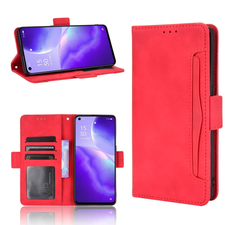 Red leather flip phone case with card slots and photo frame holder, back view