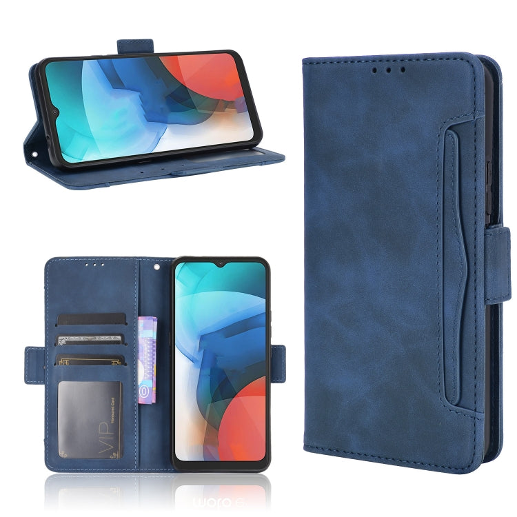 Blue flip leather phone case with card slots and photo holder, open front and back
