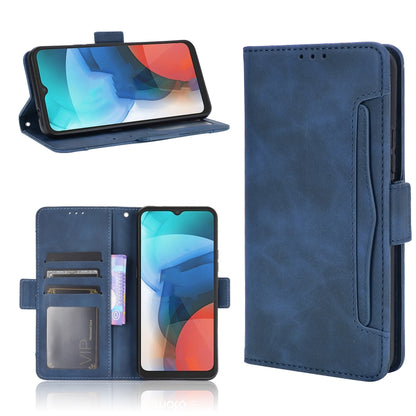 Blue flip leather phone case with card slots and photo holder, open front and back