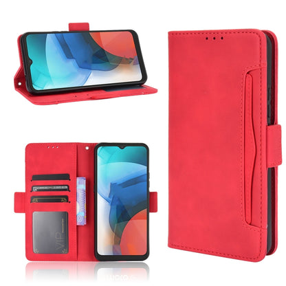 Red flip leather phone case with card slots and photo holder, front and back views