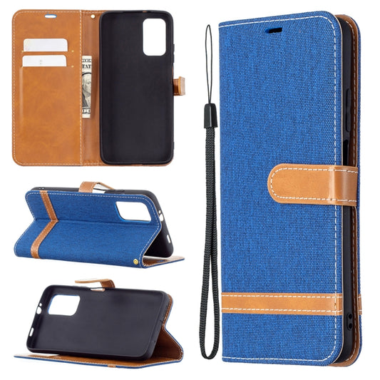 Blue denim-texture flip leather phone wallet case with card slots and lanyard strap