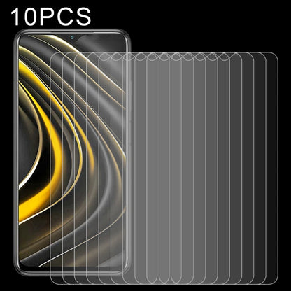 10-pack tempered glass screen protectors, with curved fit on phone screen (yellow display).
