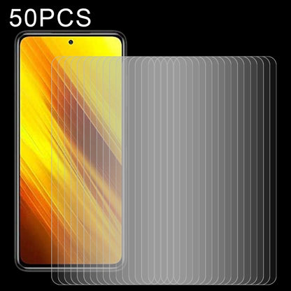Set of 50 tempered glass screen protectors with clear protective film layer