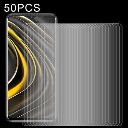 Set of 50 tempered glass screen protectors with clear film sheets for display