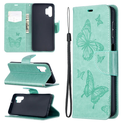 Green PU leather flip phone wallet case with embossed butterflies, card slot and lanyard