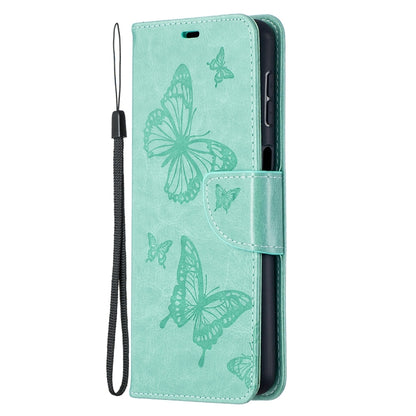 Green PU leather wallet case with embossed butterflies and magnetic strap, phone side view