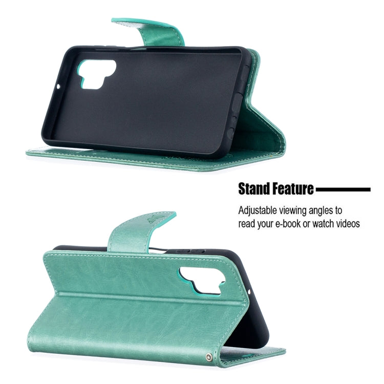 Green PU leather flip wallet case with embossed butterflies, kickstand for viewing