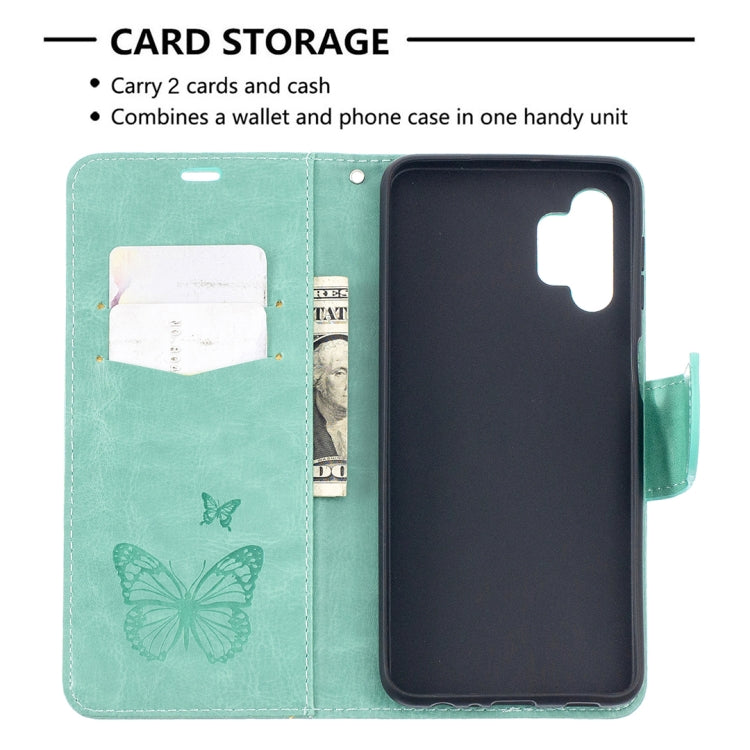 Green PU leather phone wallet case with embossed butterfly print, holds cards and cash