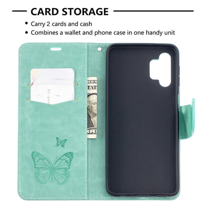 Green PU leather phone wallet case with embossed butterfly print, holds cards and cash