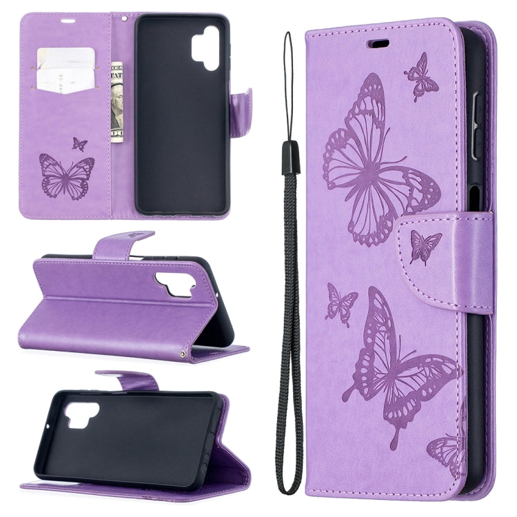 Purple PU leather flip phone wallet case with embossed butterflies, card slot and lanyard