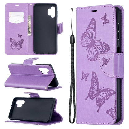 Purple PU leather flip phone wallet case with embossed butterflies, card slot and lanyard