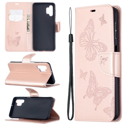 Rose gold PU leather flip phone wallet case with butterfly embossing, card slot, lanyard.