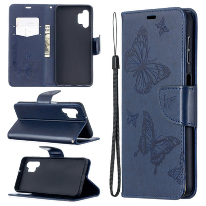 Blue PU leather flip phone wallet case with butterfly embossing, card slot, stand, lanyard.