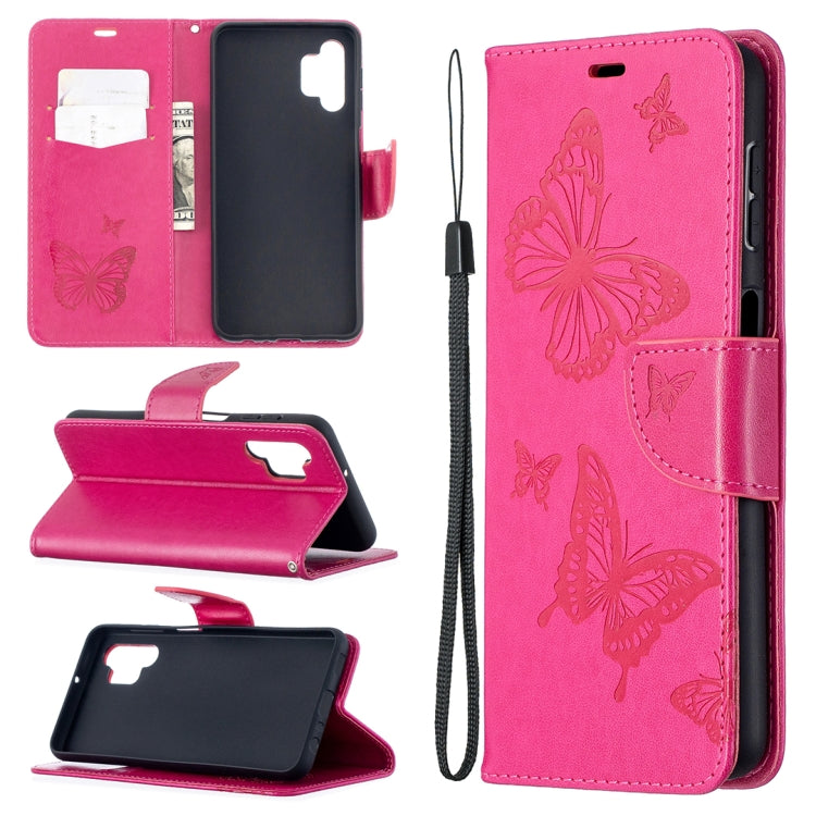 Embossed butterfly PU leather flip phone case in pink with lanyard and card slot wallet flap.