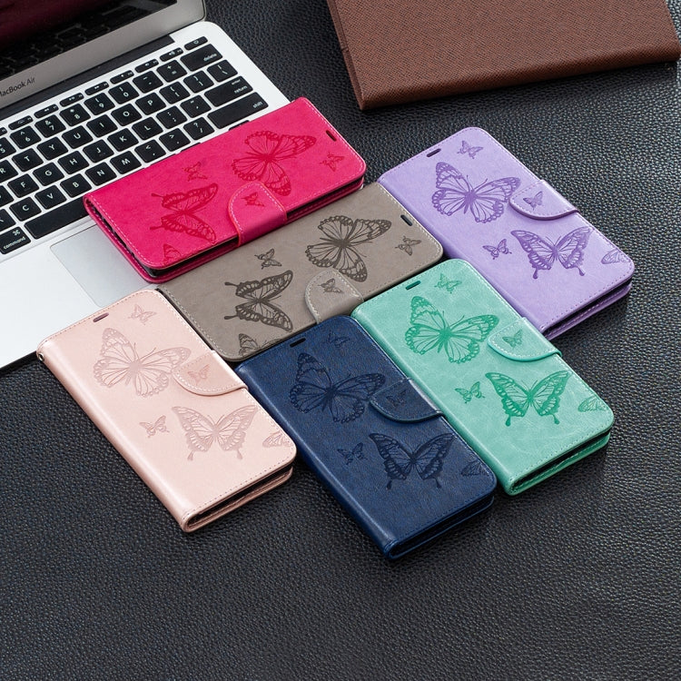 Embossed butterfly PU leather flip phone cases in multiple colors, with card slots and lanyards.