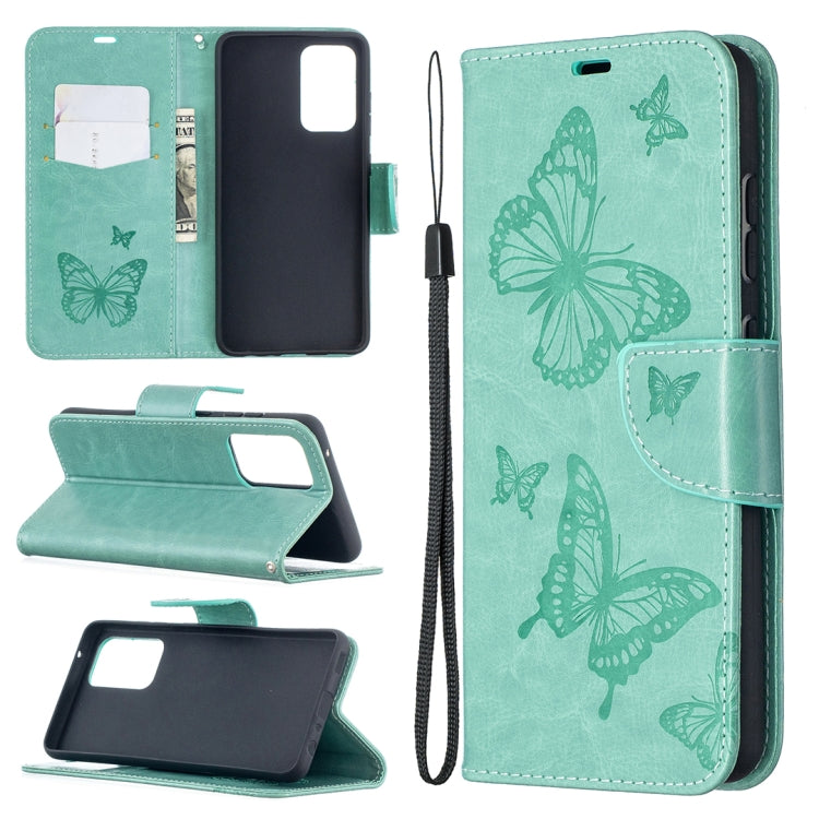 Green PU leather flip phone wallet case with embossed butterflies, card slot and lanyard strap
