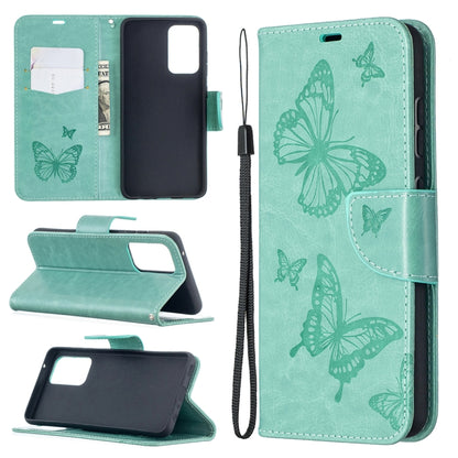 Green PU leather flip phone wallet case with embossed butterflies, card slot and lanyard strap