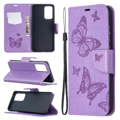 Purple PU leather flip phone wallet case with butterfly embossing, card slot, stand, lanyard.