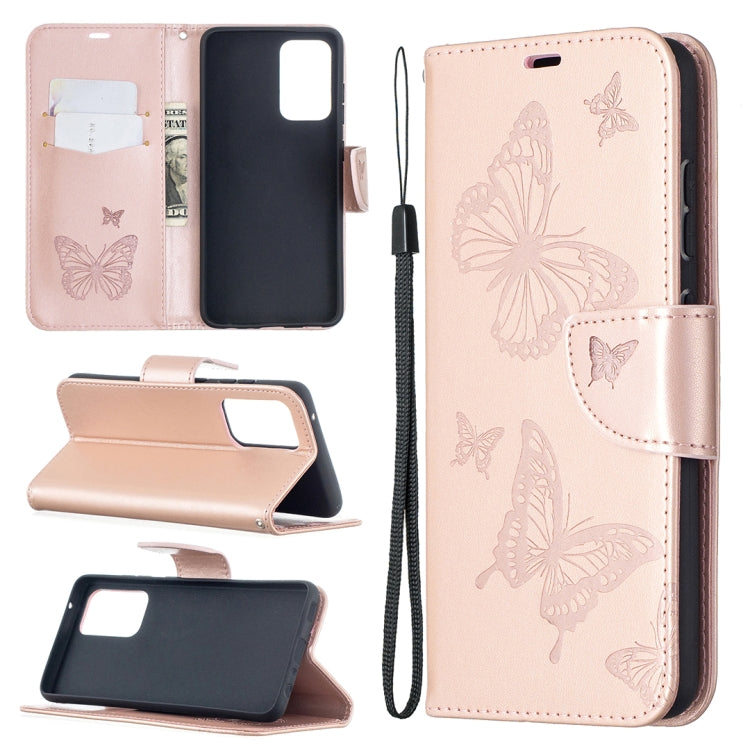 Rose gold PU leather phone wallet case with butterfly embossing, flip stand, card holder.