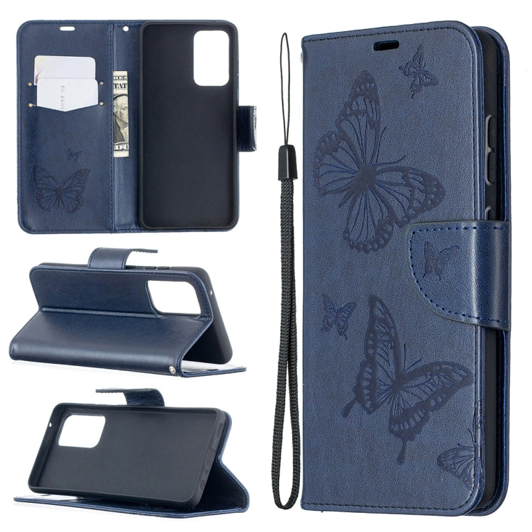 Blue PU leather phone wallet case with butterfly embossing, flip stand, card holder.