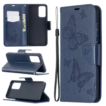 Blue PU leather phone wallet case with butterfly embossing, flip stand, card holder.