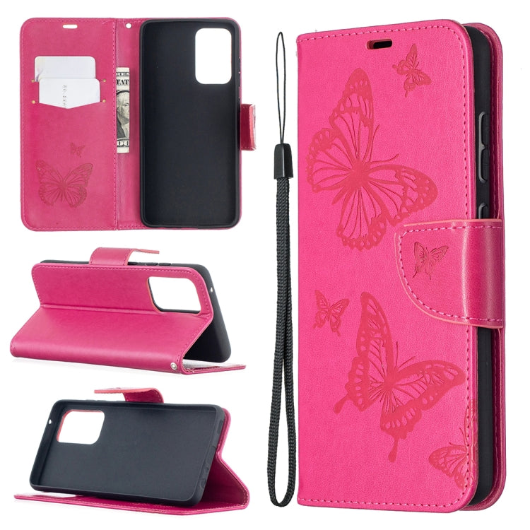 Embossed butterfly PU leather flip phone case in bright pink with lanyard and card slot wallet.