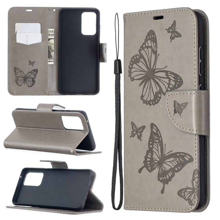 Embossed butterfly PU leather flip phone case in gray with lanyard and card slot wallet.