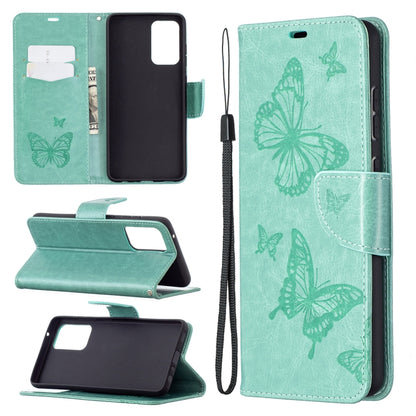 Green PU leather flip wallet case with embossed butterflies and lanyard, stand-ready flip cover