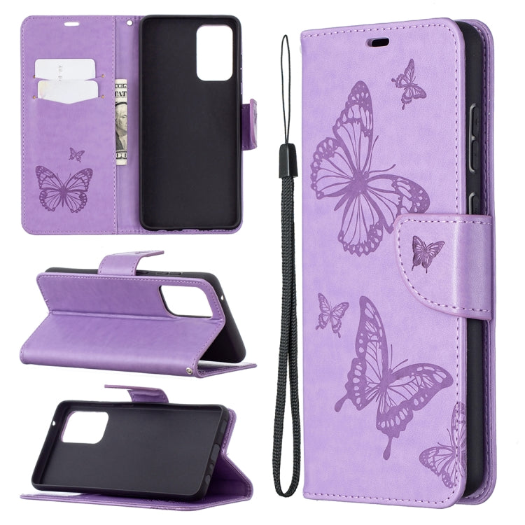 Purple PU leather phone wallet case with butterfly embossing, card holder, lanyard strap.