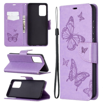Purple PU leather phone wallet case with butterfly embossing, card holder, lanyard strap.