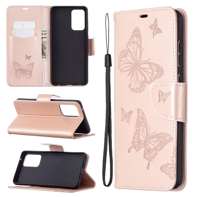 Rose gold PU leather flip phone case with butterfly pattern, card slot, wrist lanyard.