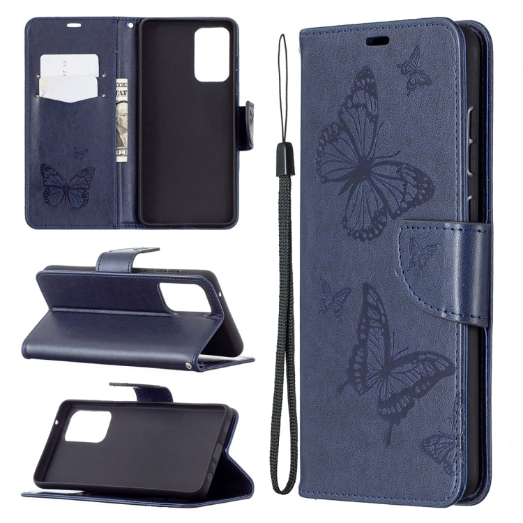Blue PU leather flip phone case with butterfly pattern, card slot, lanyard strap.