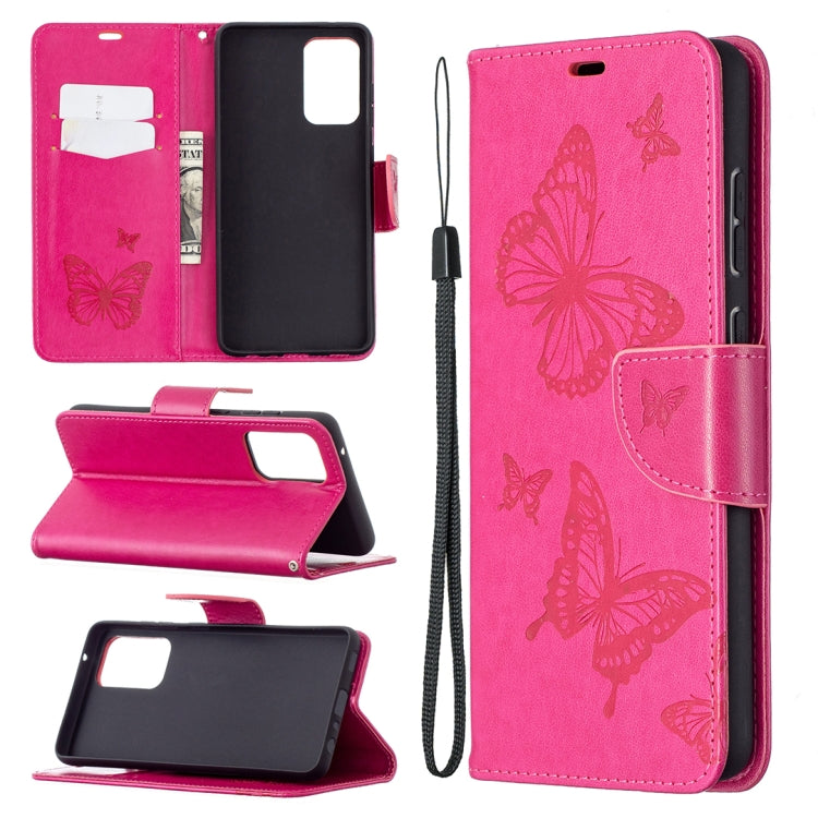Embossed butterfly PU leather flip phone case in pink with lanyard, card slots, and stand flap.