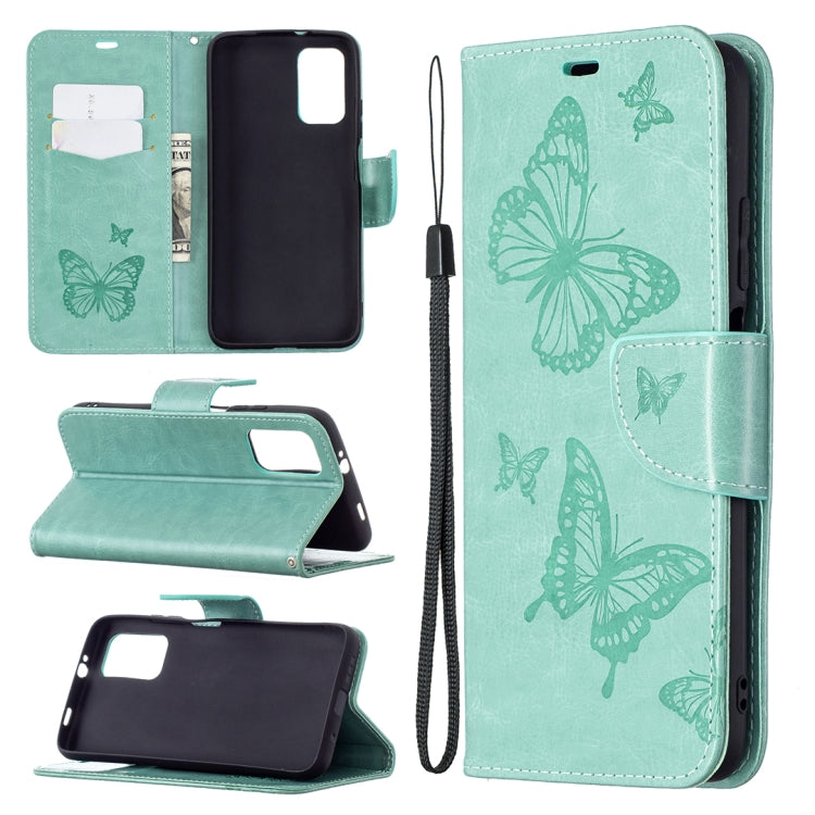 Green PU leather phone wallet case with embossed butterflies, card holder and lanyard loop