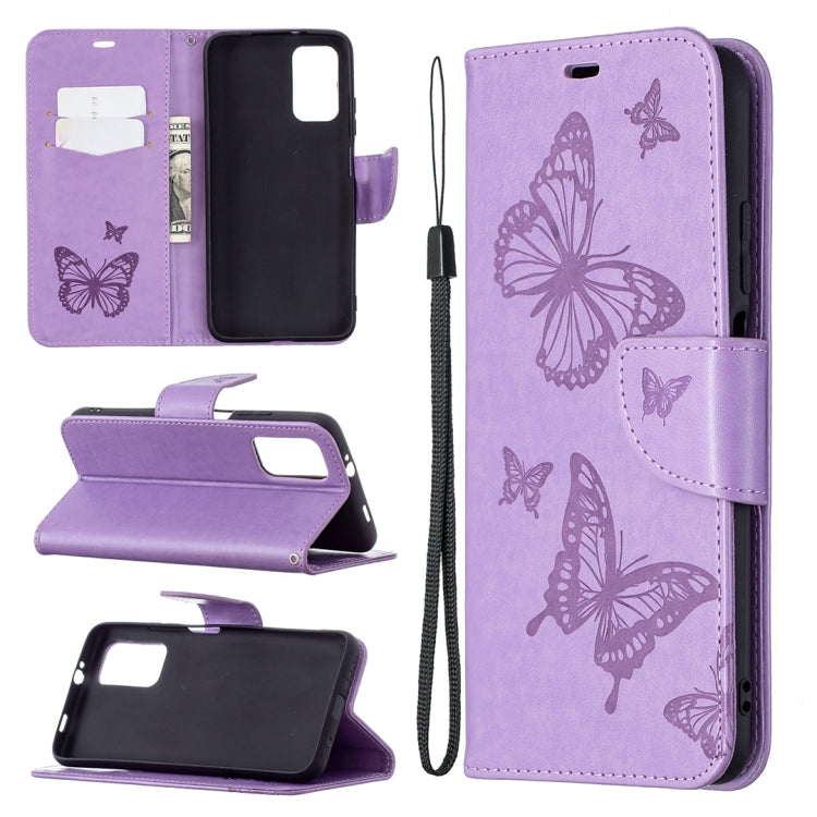 Purple PU leather flip phone case with butterfly pattern, card slot window, stand, lanyard.