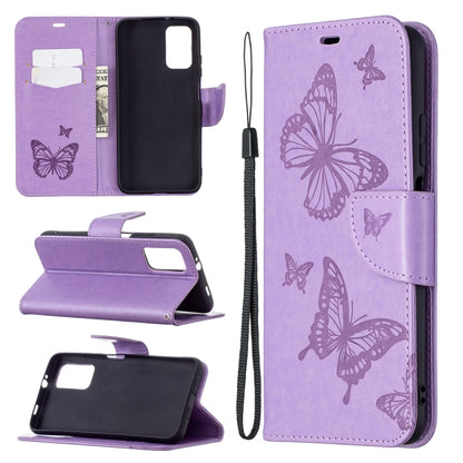 Purple PU leather flip phone case with butterfly pattern, card slot window, stand, lanyard.