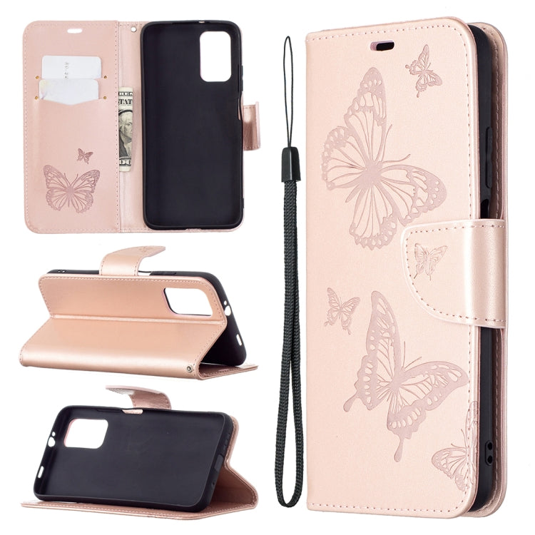 Rose gold PU leather phone wallet case with butterfly embossing, flip stand, lanyard strap.