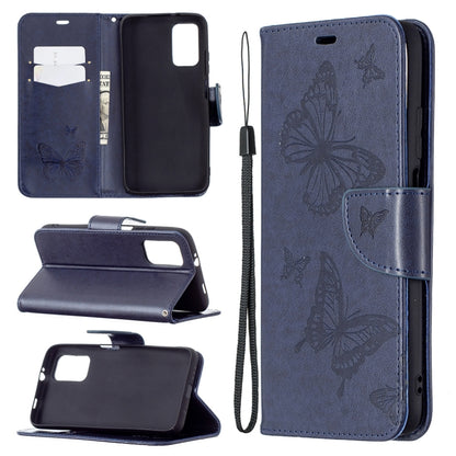 Embossed butterfly PU leather flip phone case with lanyard, card slots, and wallet flap.