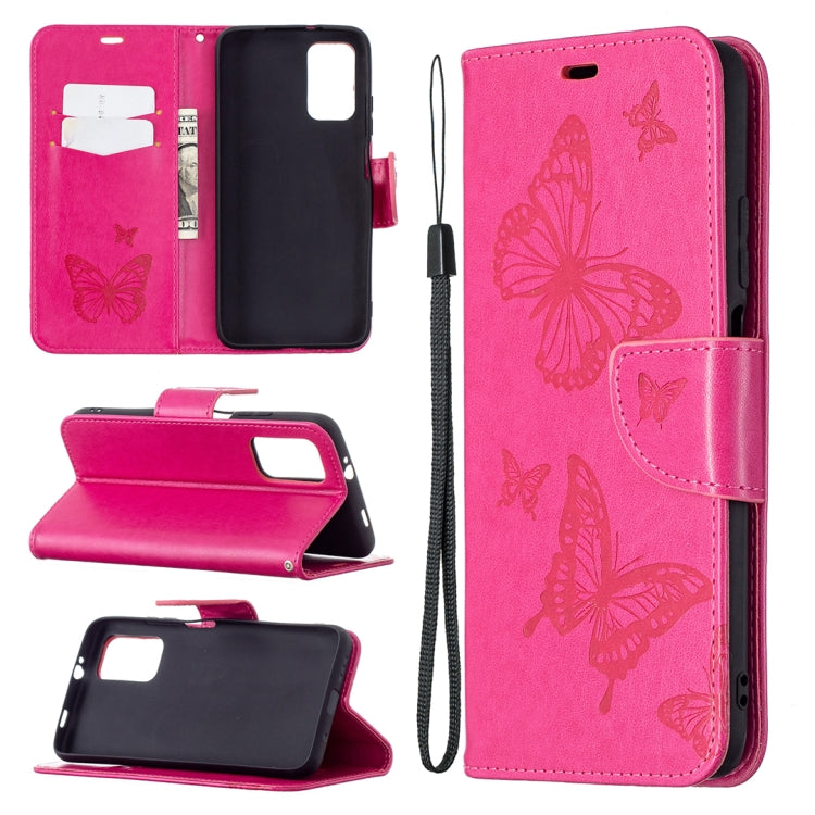 Embossed butterfly PU leather flip phone case in hot pink with lanyard and card slot wallet.