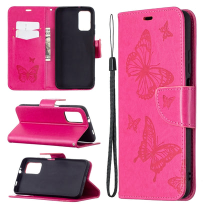 Embossed butterfly PU leather flip phone case in hot pink with lanyard and card slot wallet.