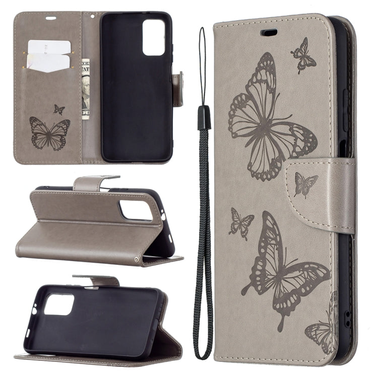 Embossed butterfly PU leather flip phone case in light gray with lanyard and card slot wallet.