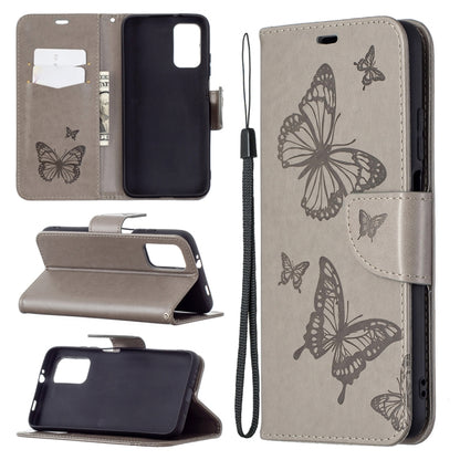 Embossed butterfly PU leather flip phone case in light gray with lanyard and card slot wallet.