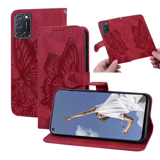 Red butterfly embossed flip leather phone case with card slots and holder
