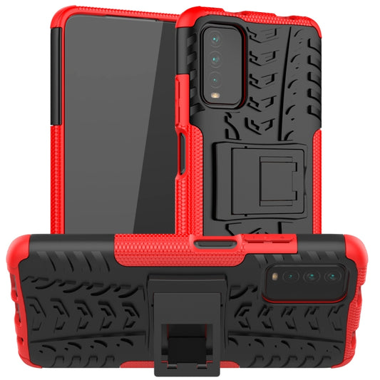 Rugged red-and-black phone case with tire-texture, built-in holder, raised camera cover