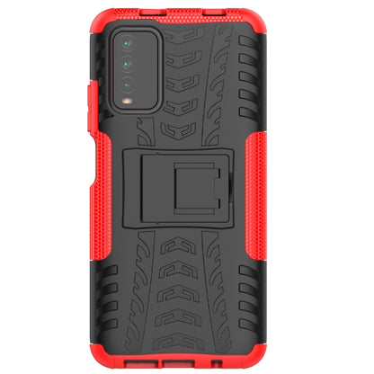 Rugged red-and-black phone case with tire-texture, holder panel, camera cutouts