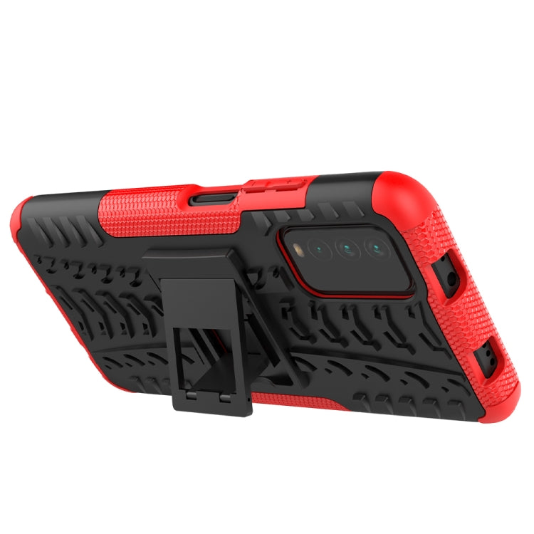 Rugged red-and-black phone case with tire-texture and kickstand-style holder