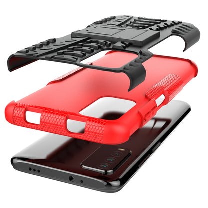 Rugged red-and-black phone case with tire-texture, front screen lip, camera cutouts