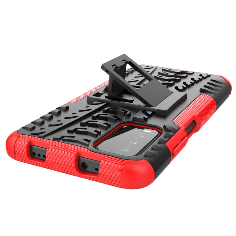 Rugged red-and-black phone case with tire-texture and stand holder, port openings