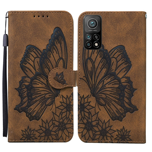 Brown leather wallet phone case with butterfly emboss and fold strap, card holder slots