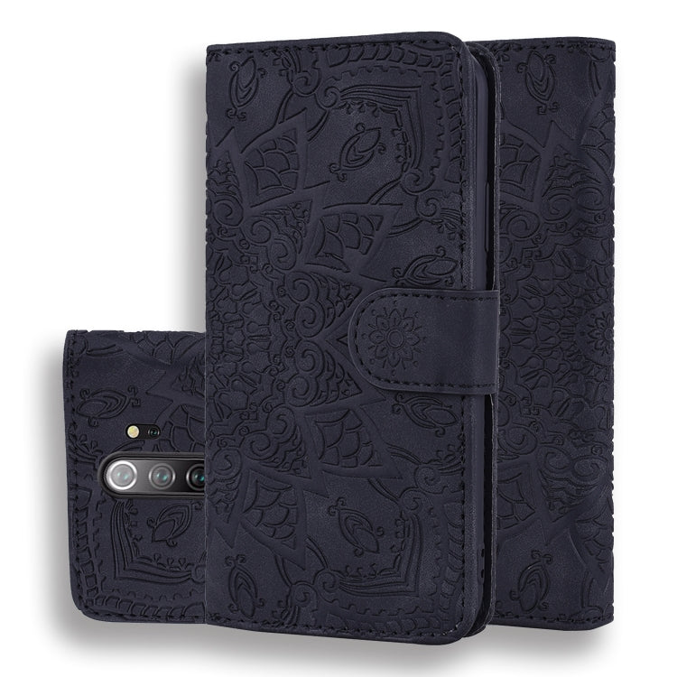 Black embossed leather wallet case with mandala pattern, flip cover and card holder